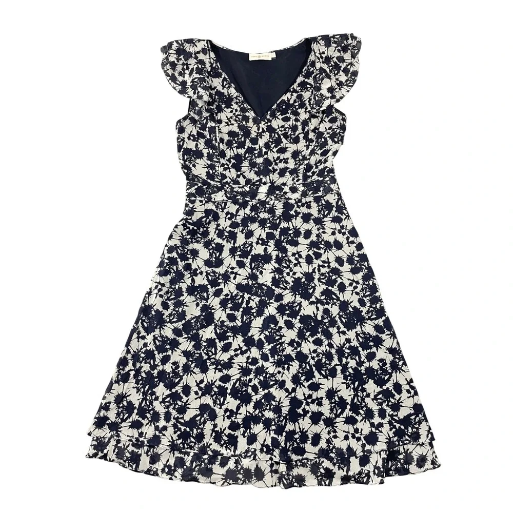 Tory Burch Marian Silk Blend Floral Flutter Sleeve Dress Saphire Blue Thistle 2